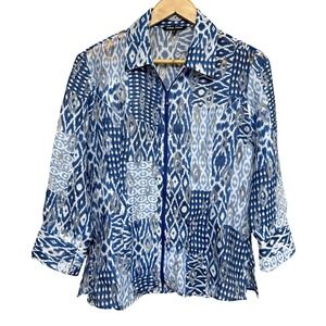 Samuel Dong‎ Ikat Print Sheer Zip Up Shirt Jacket Womens S Blue Artsy Travel